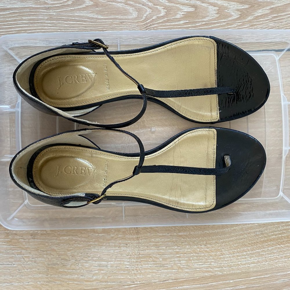 J.Crew Women Black Patent Leather Flat Sandals Size 7